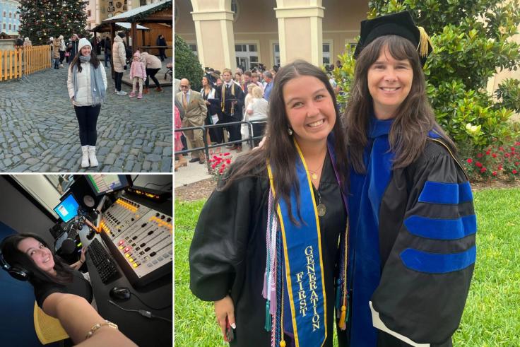 A grid of images depicting a Rollins student with one of her faculty mentors at graduation, at a market in Slovakia, and hosting a radio show on Rollins' radio station, WPRK.
