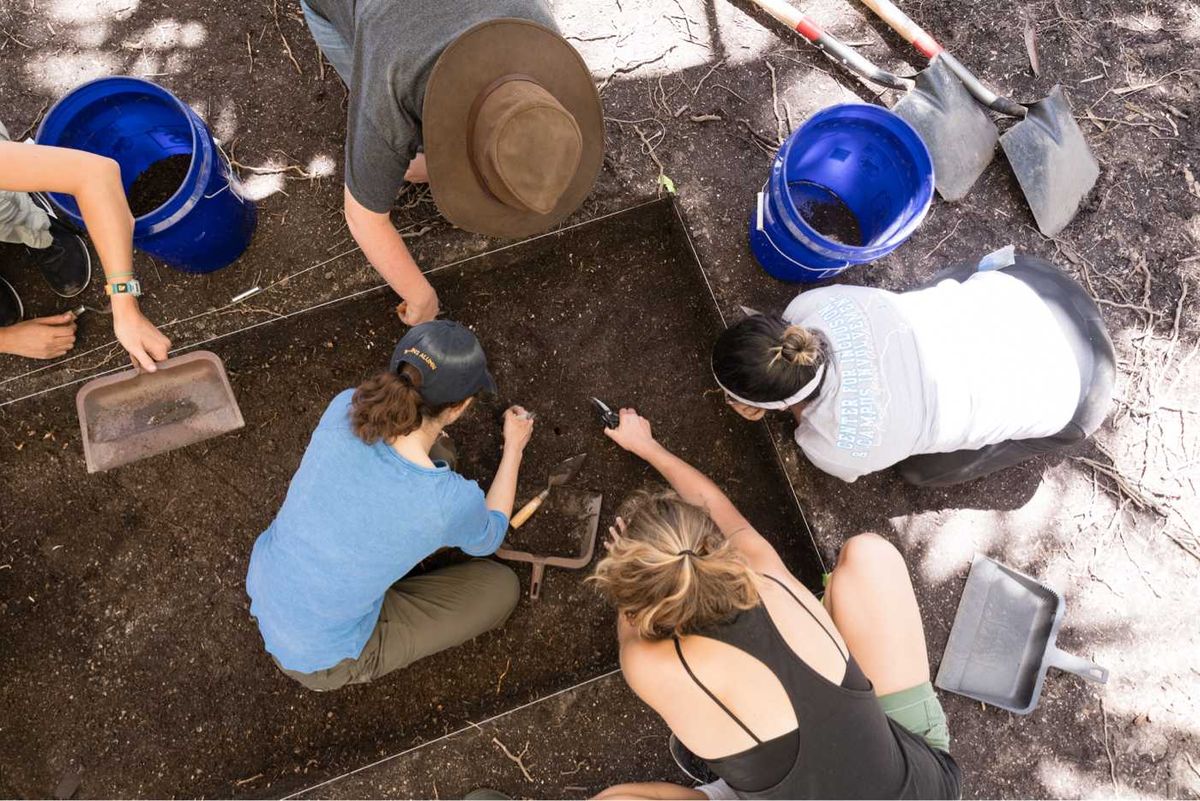 Students working in a garden.