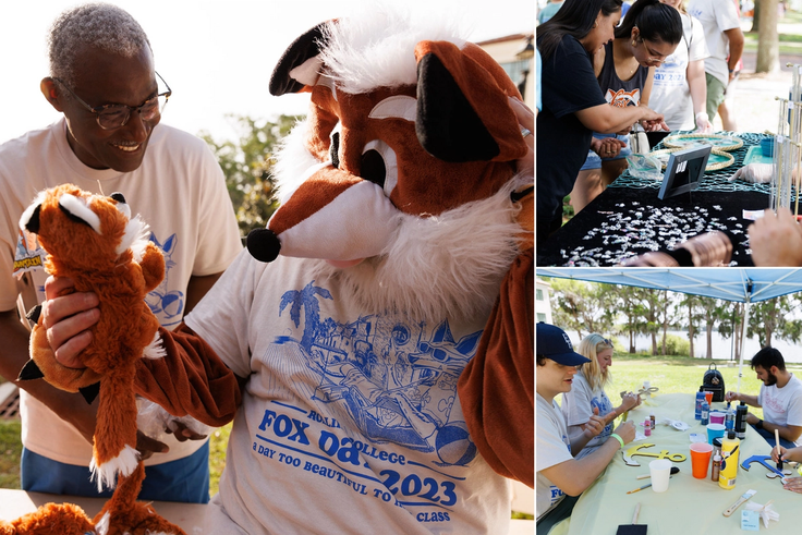 Students and staff participating in Fox Day activities on campus—from making a fox to crafting pearl jewelry. 