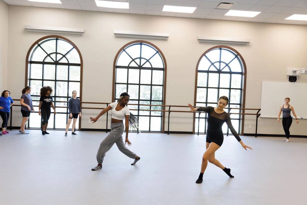 Students dancing in the Dance Studio in Tiedtke Theatre & Dance Centre.