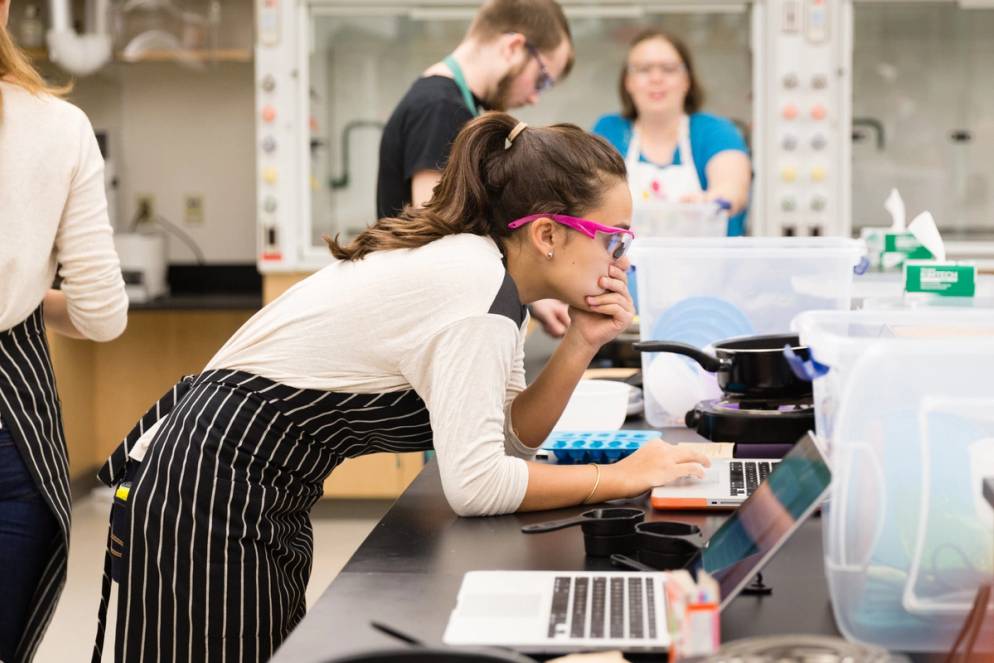 A student looks at a laptop during a chemistry experiment.