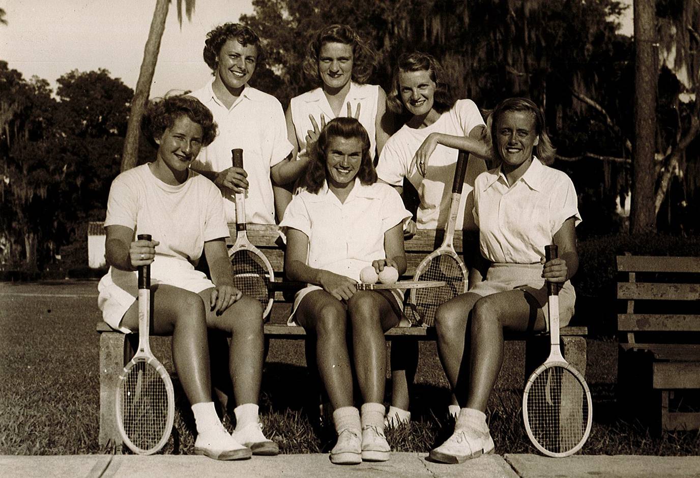 Rollins women’s tennis team in the 1940s, including Shirley Fry Irvin ’49