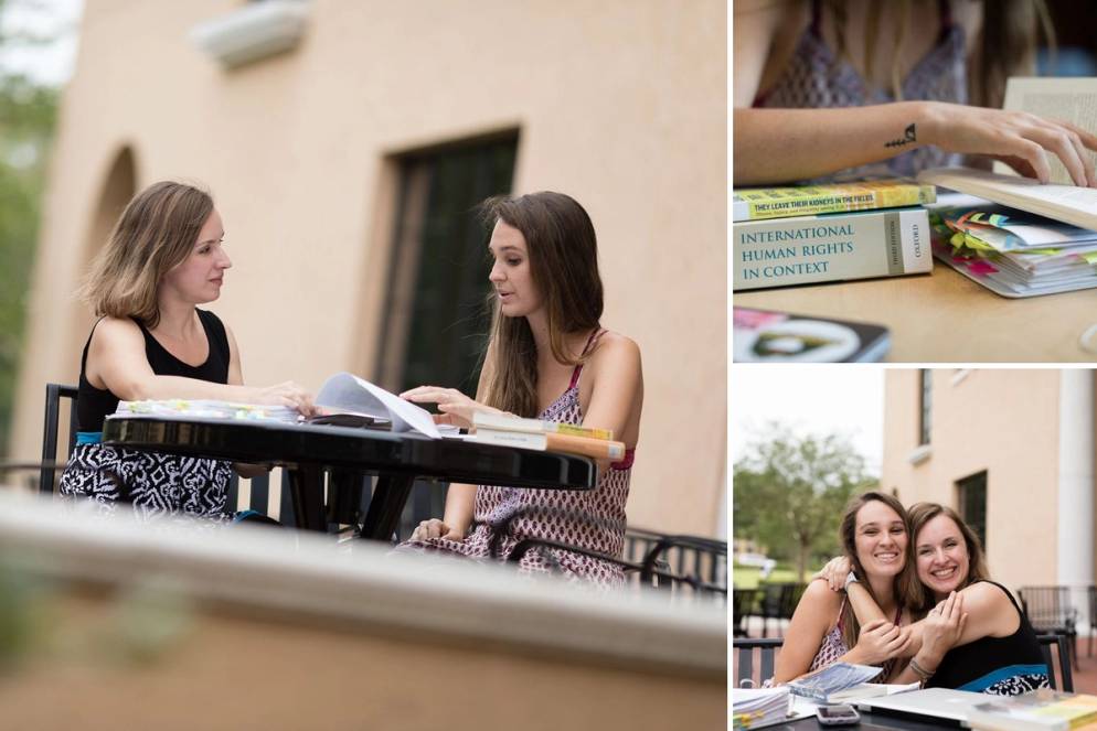 A student and professor collaborate on a project together on the patio of Bush Science Center at Rollins College