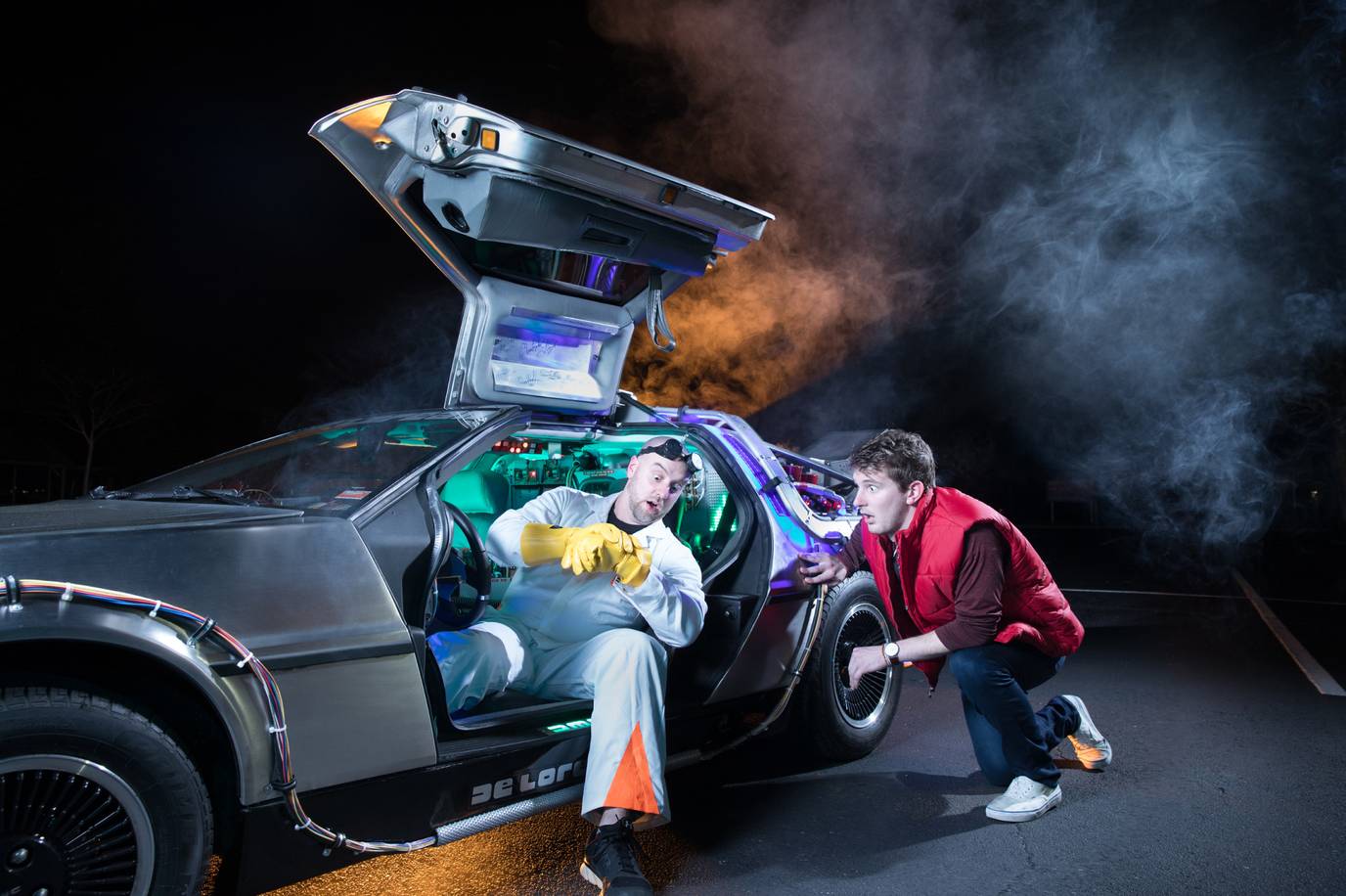 Dr Fuse and a student recreate a scene from Back to the Future.