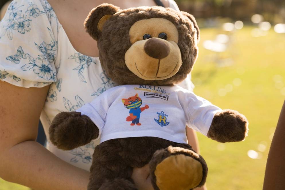 A stuffed bear made by Rollins students for ill children at the Ronald Macdonald House