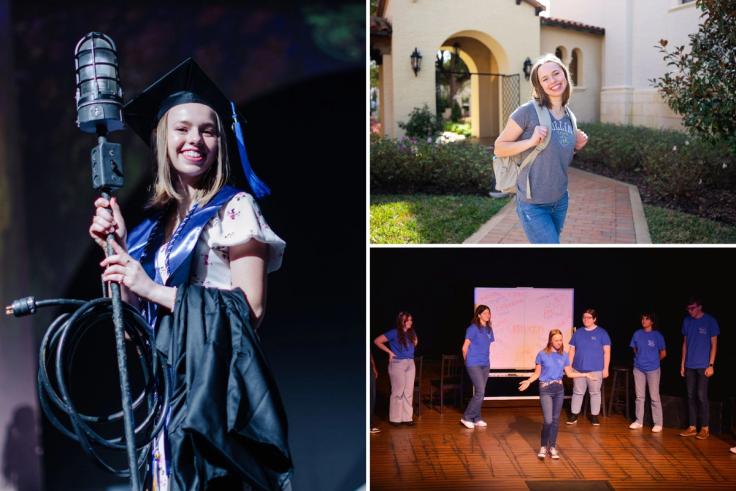 A collage depicts a young woman graduating, walking with a backpack, and performing on a stage.