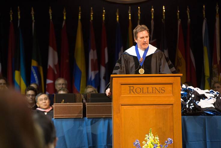 Rick Goings, chairman of the Rollins College Board of Trustees, delivers an address at commencement.