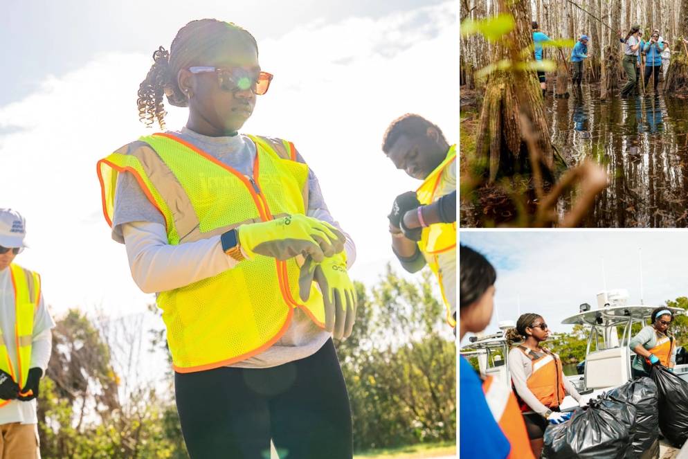 Students working together on a service trip to clear invasive species in the Everglades
