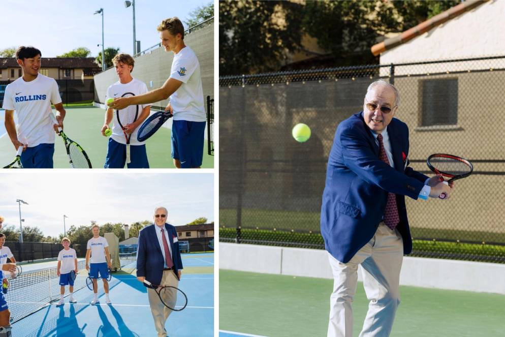 Donor Steven Gorin Schott ’76 rallying against the Rollins men’s tennis team