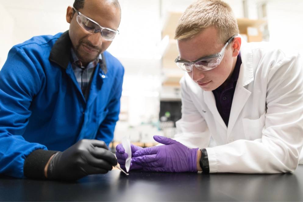 A professor and a students conduct biology research.