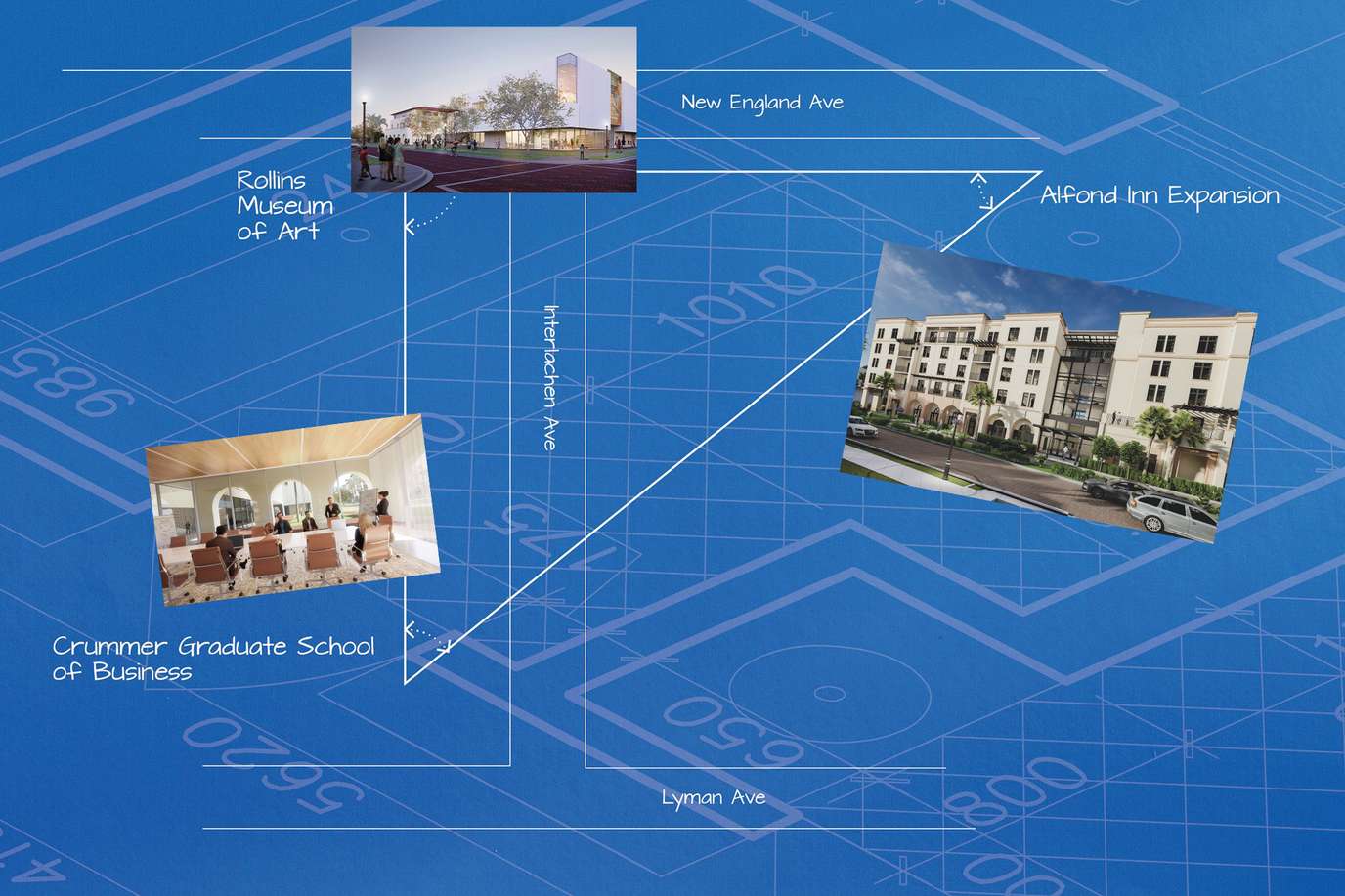 Renderings of the Rollins Museum of Art, Alfond Inn expansion, and new Crummer Graduate School of Business conference room