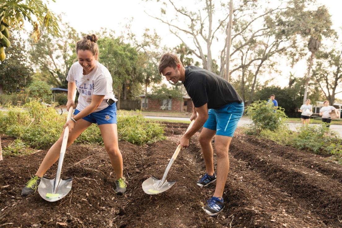 Students with shovels.