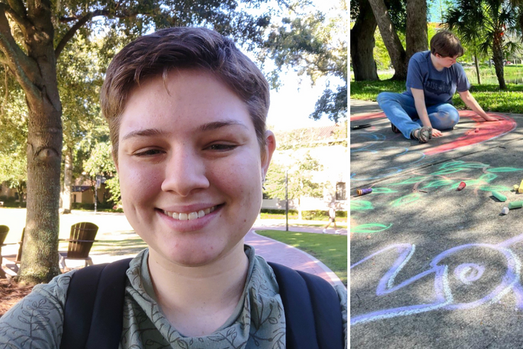 Sophie Bostick makes chalkboard drawings on a sidewalk in downtown Orlando.