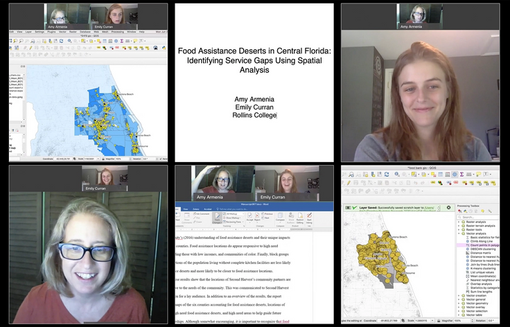 Emily Curran ’22 and sociology professor Amy Armenia meet virtually to discuss their data on food deserts in Central Florida.