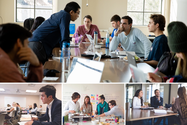 A grid of images depicting Rollins business students collaborating in class and on group projects.