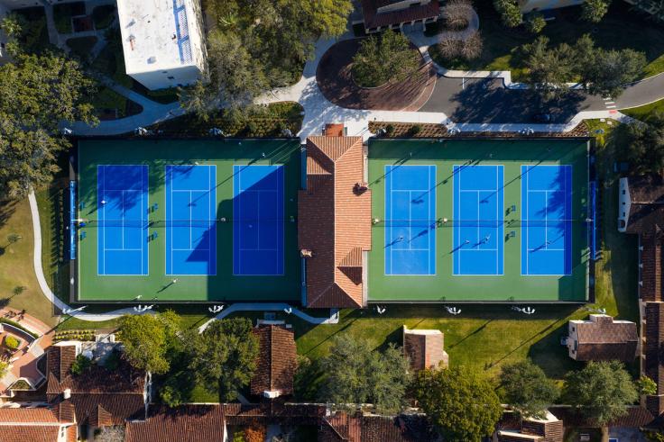 Overhead drone shot of the new Tennis & Golf Center complex