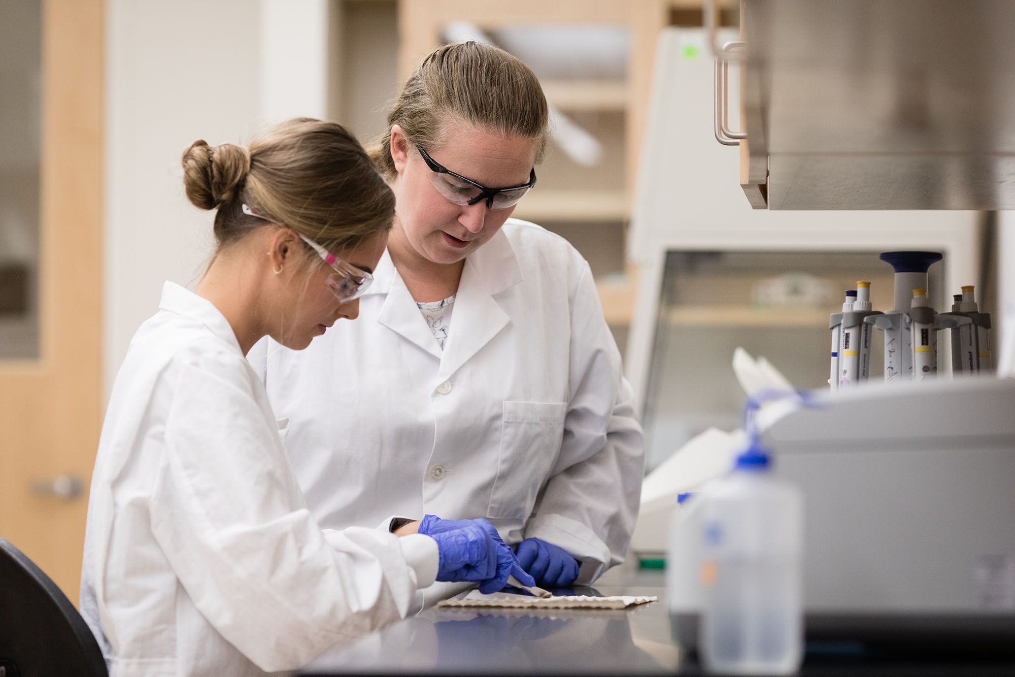 Student and professor performing biology research on apple snails. 