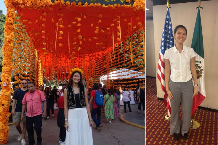 A student pictured in Mexico City at a festival and standing with the American and Mexican flags