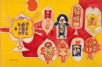 Prabhakar Barwe, King and Queen of Spades, 1967, Oil and paper on canvas, 39 1/4 x 54 1/8 in.