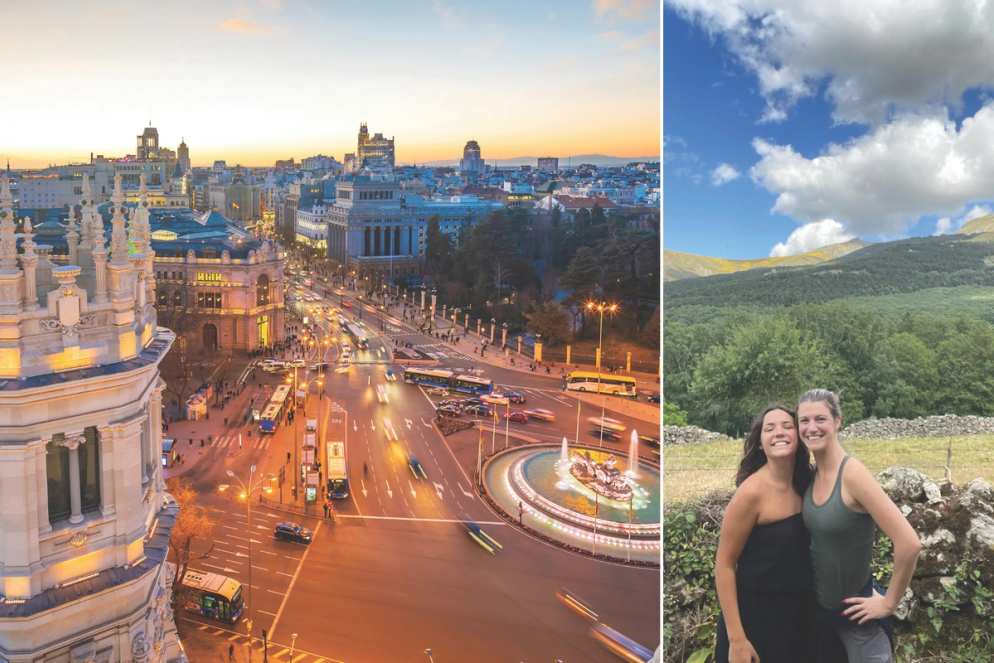 Landscape from Madrid, Spain, and two Rollins students in Madrid on a field study