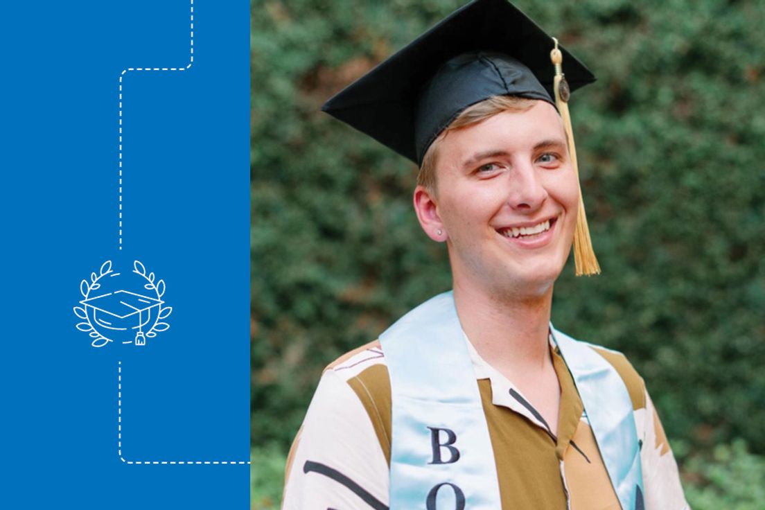 Isaac Gorres ’21 in cap and gown for graduation.