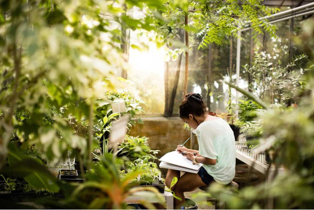 A student taking notes in a greenhouse.