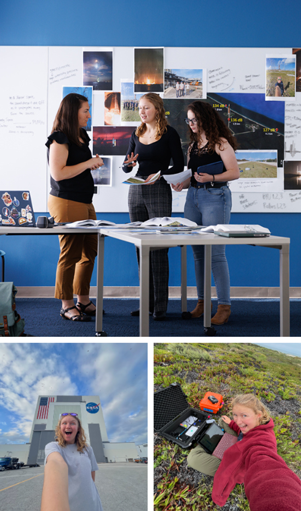 A grid of photos depicting a student’s research related to rocket launches. 