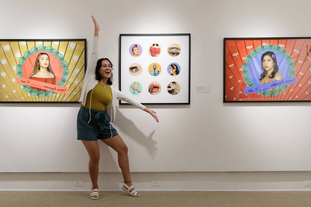 Studio art major Melissa Rodriguez ’21 pictured with her original artwork at Rollins’ Cornell Fine Arts Museum.