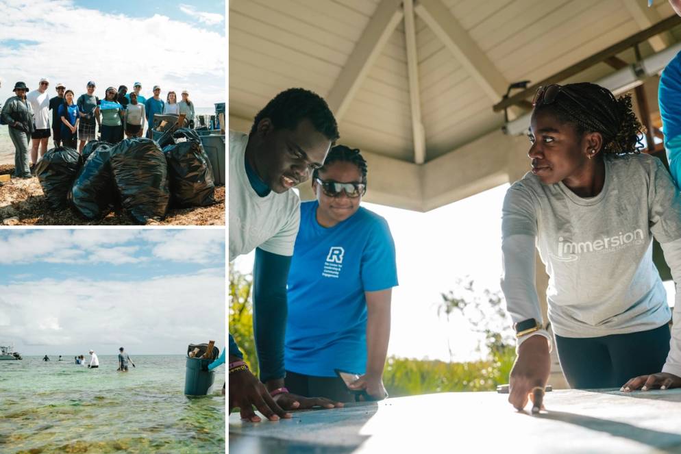 Taylor Evans ’28 alongside her Immersion team on the beach cleanup