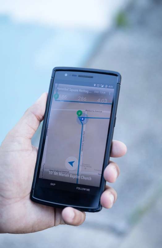 A smartphone with walking directions showing that you are at Mt. Moriah Baptist Church.