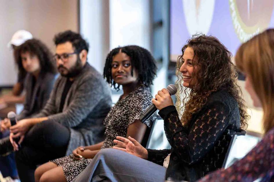 A student talks about her internship experience during a student panel.