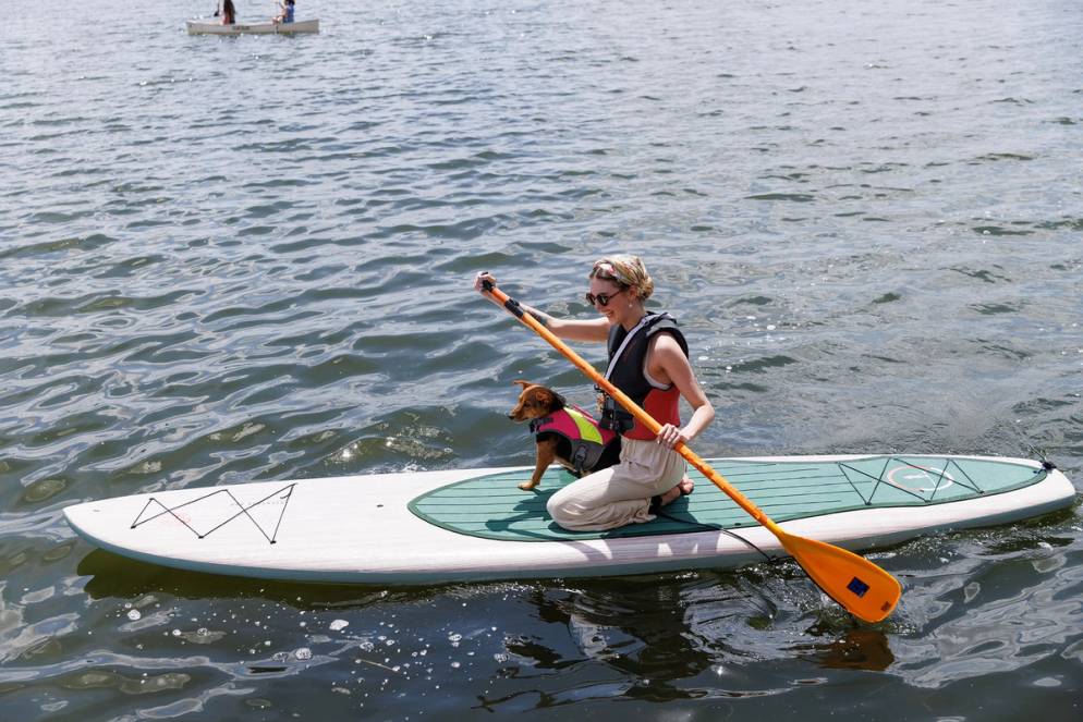 A student paddleboarding on Lake Virginia with her dog in tow on Fox Day.