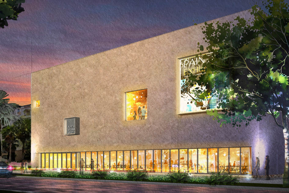 Full outdoor renderign of a modern, light beige-gray stone building, the new Rollins Museum of art facility situated on a street at night..