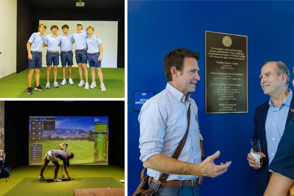 Student-athletes using the golf simulator, distinguished guests speaking