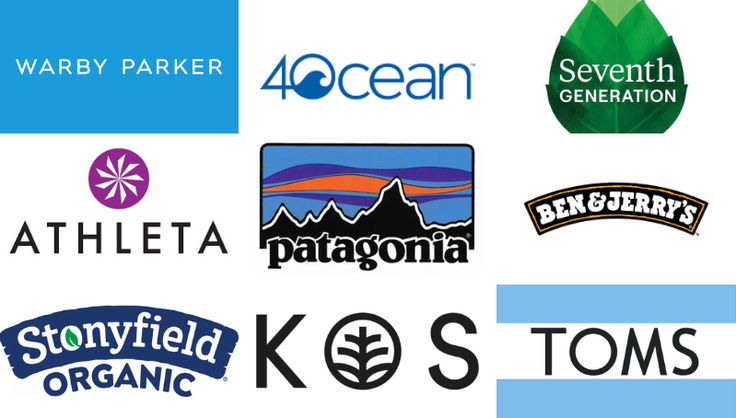logos of nine social enterprises, including Warby Parker, Athleta, TOMS, and Seventh Generation