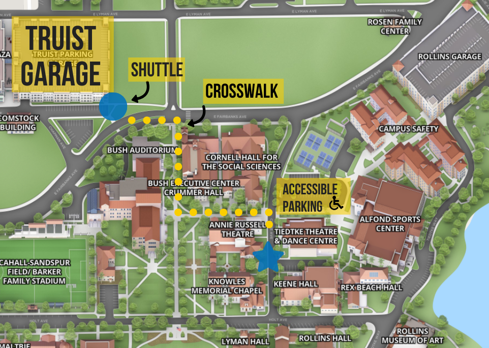 Campus map showing shuttle route from Truist Garage and accessible parking to Tiedtke Theatre and Dance Centre