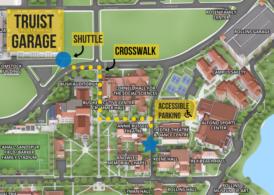 Campus map showing shuttle route from Truist Garage and accessible parking to Tiedtke Theatre and Dance Centre