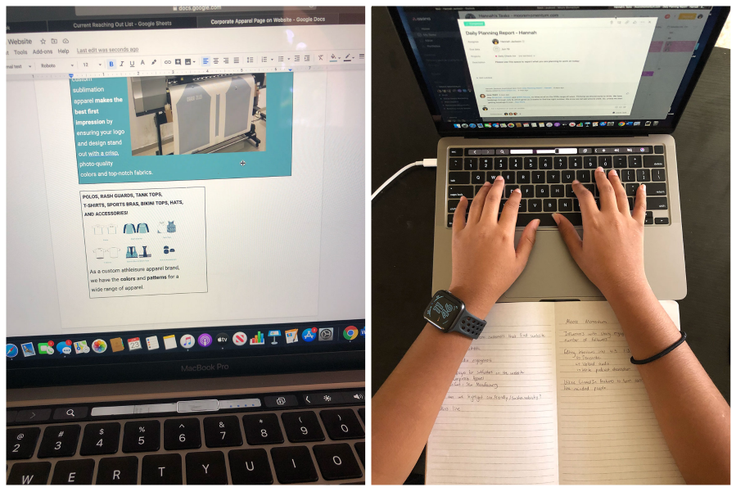 Hannah Jackson ’21 ’22MBA working remotely on her laptop as a communications intern for dasFlow, a local company that sells eco-friendly custom athletic apparel.
