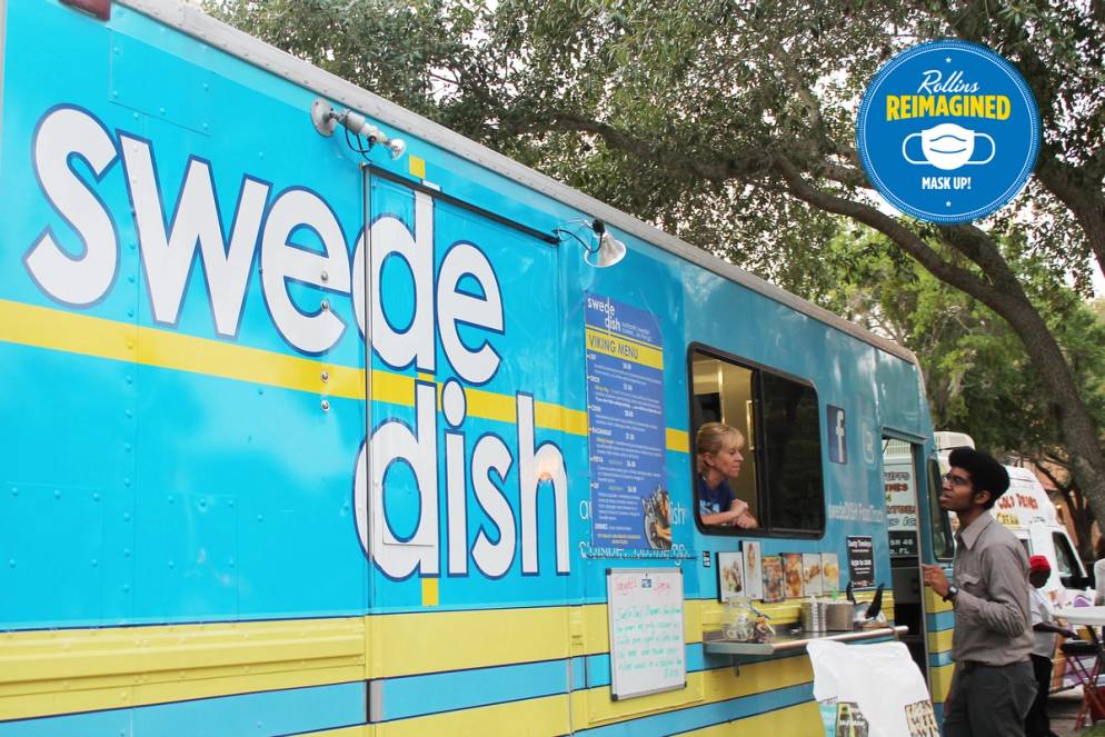 Swededish food truck parked on campus.