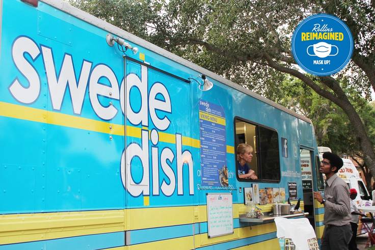 Swededish food truck parked on campus.