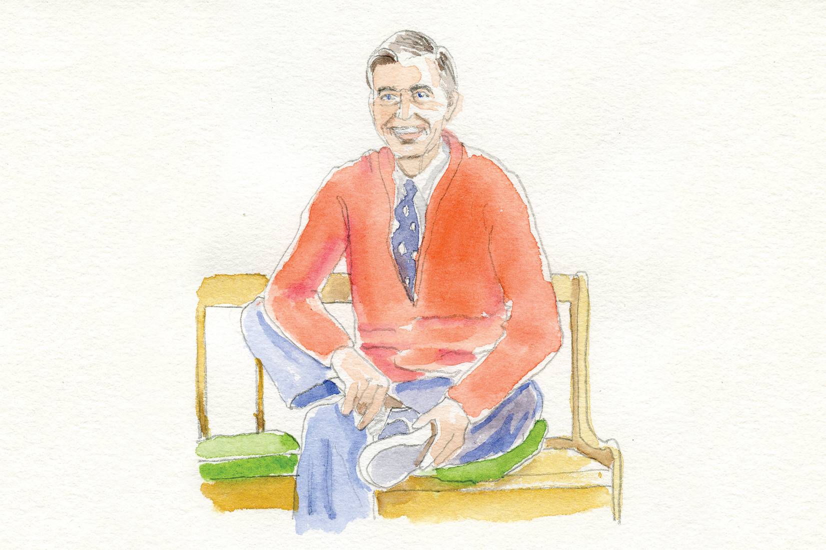 Illustration of Mister Rogers putting on his shoes.