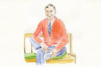 Illustration of Mister Rogers putting on his shoes.