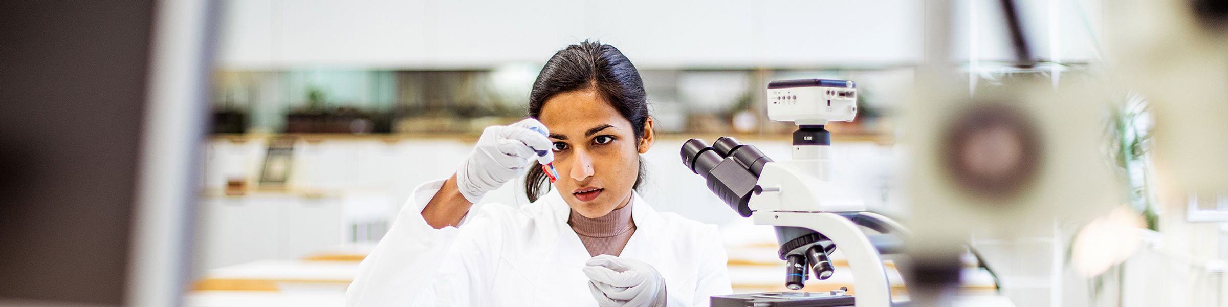 A public health professional works in a lab.