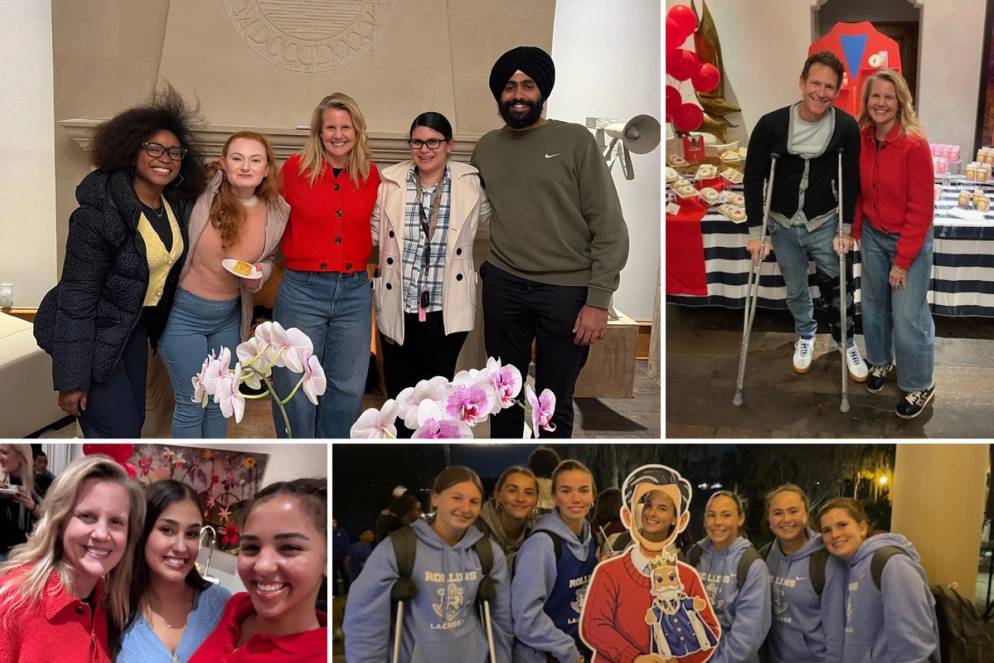A grid of four images from a student party at Barker House with Rollins President Brooke Barnett.