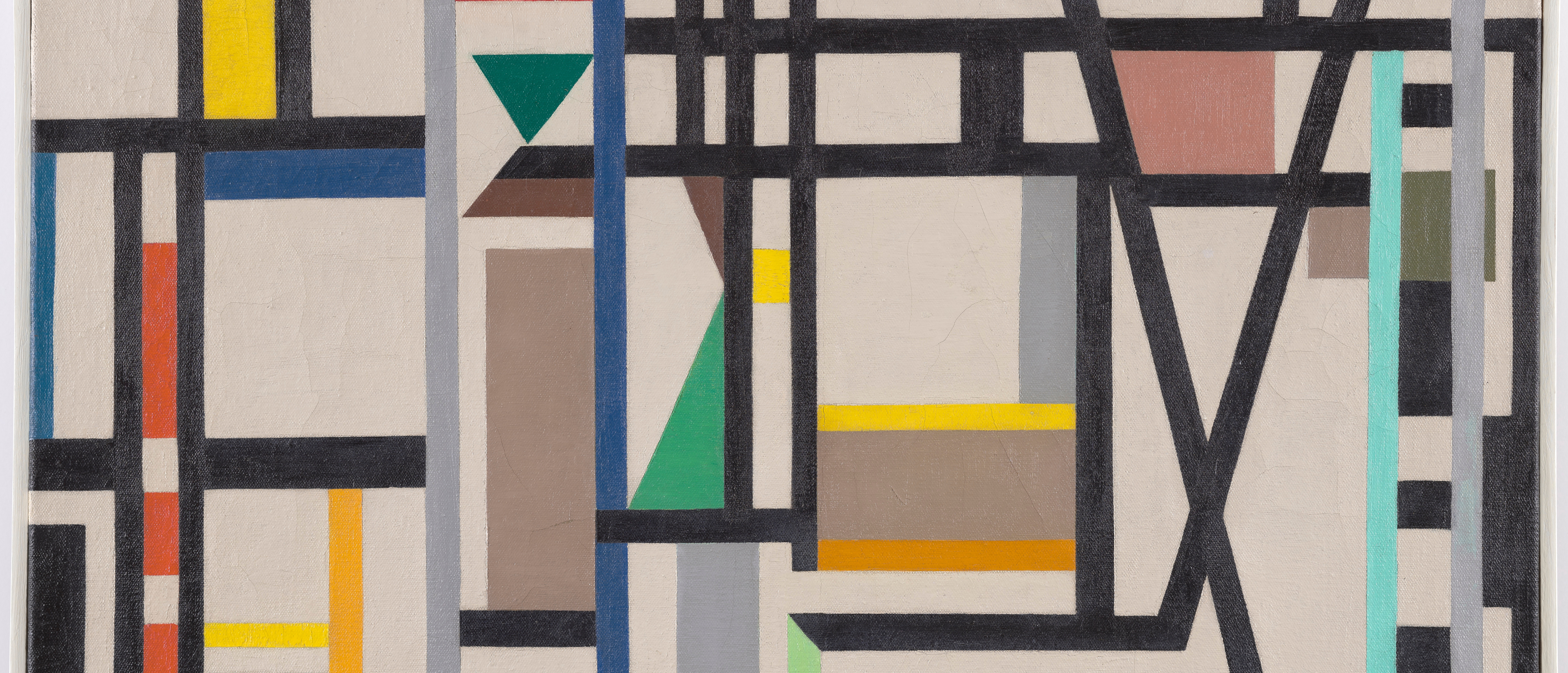 Abstract geometric painting with intersecting black lines and colorful shapes