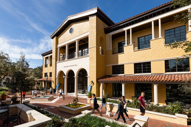 The exterior of Kathleen W. Rollins Hall, Rollins’ headquarters of applied learning.