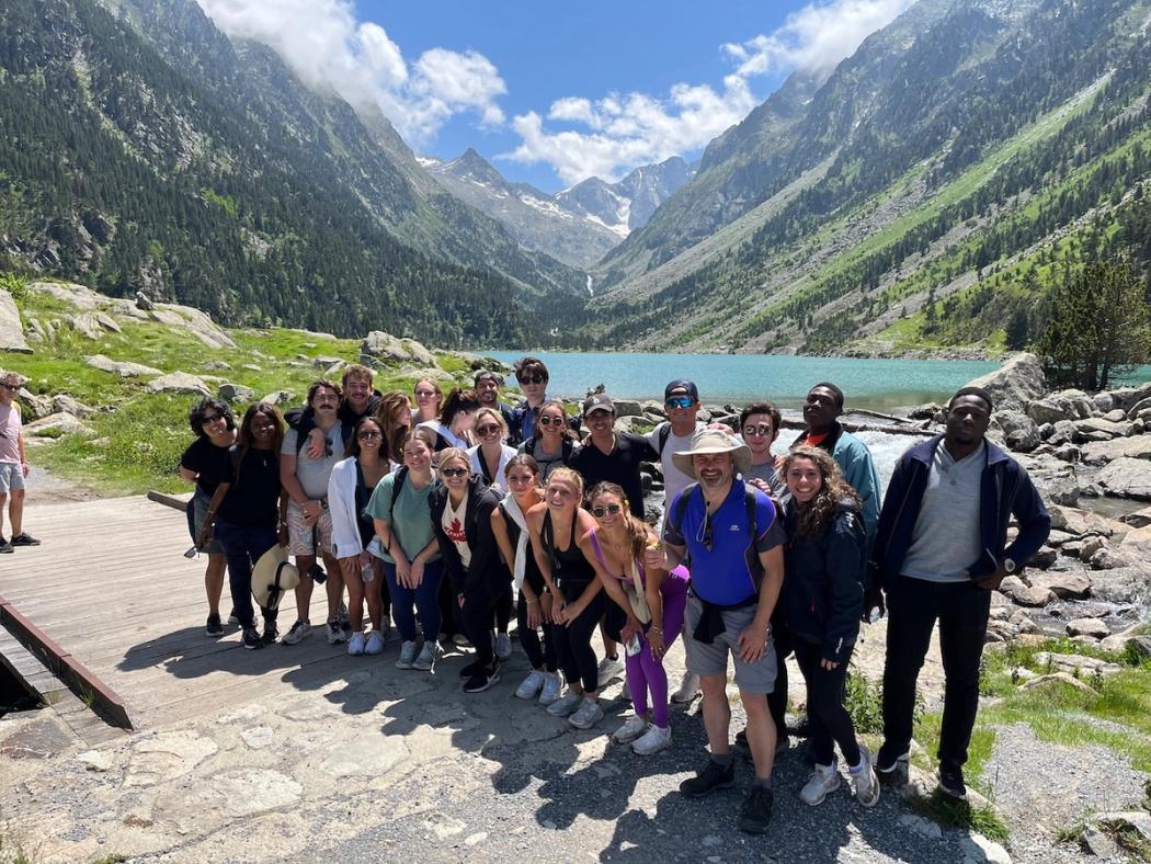 Rollins students and business faculty pose in front of the French Pyrenees.