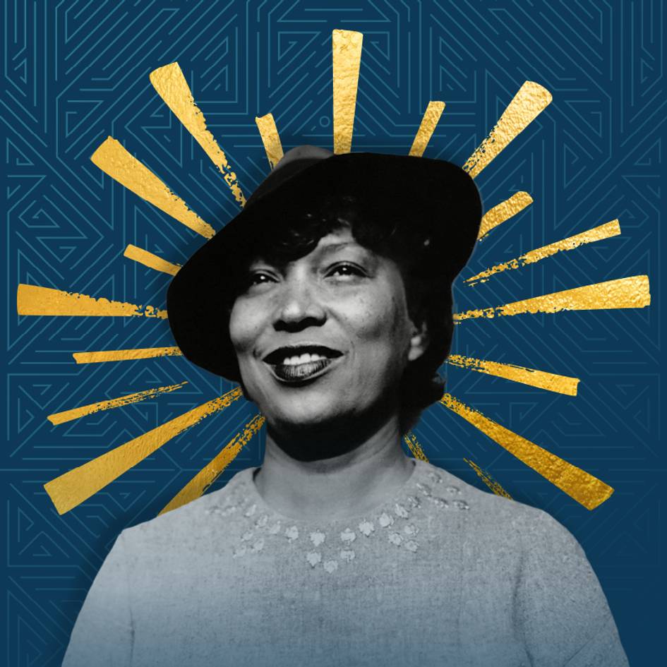 A photo of Zora Neale Hurston surrounded by golden rays, in front of a teal pattern