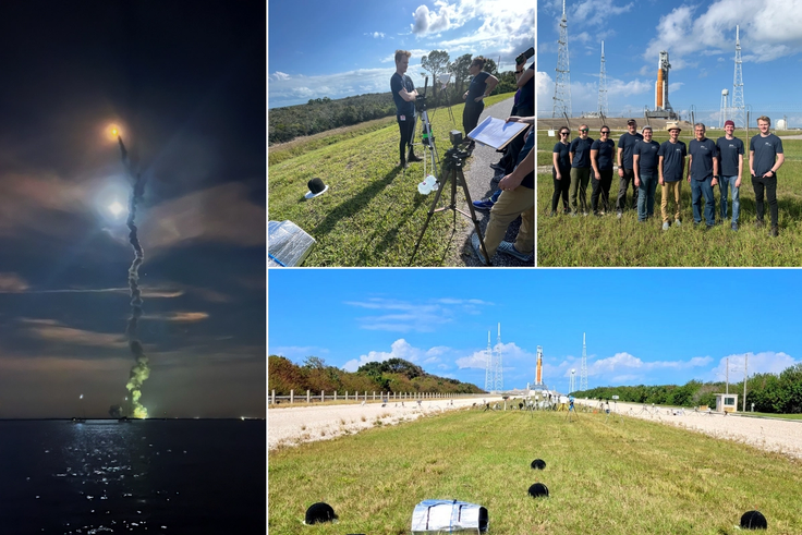 A grid of images of Rollins students working to set up equipment around the launch site for the Artemis I rocket.