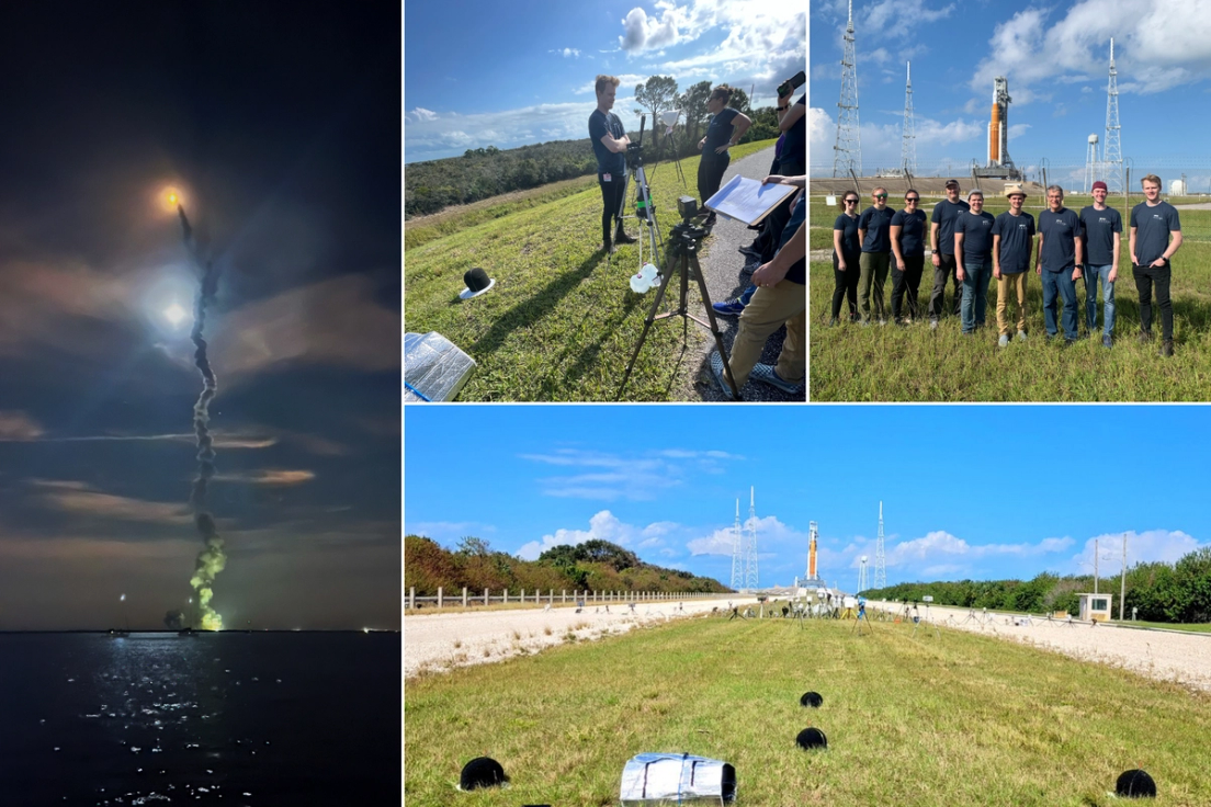 A grid of images of Rollins students working to set up equipment around the launch site for the Artemis I rocket.